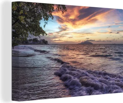 Produktbild von OneMillionCanvasses® - Leinwandbilder - 140x90 cm, Sonnenuntergang auf den Seychellen, Wandbilder Kunstdruck Wanddekoration