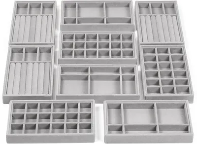 Immagine prodotto di Set elegante di organizer per gioielli in velluto Unyqoos®, con 9 cassetti impilabili, color grigio chiaro – ideale per organizzare anelli, collane, braccialetti e orecchini