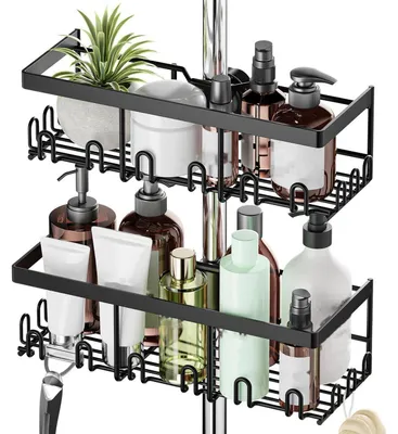 Image de Étagère de douche sans perçage, pour barre de douche de 18 à 25 mm, lot de 2, noire