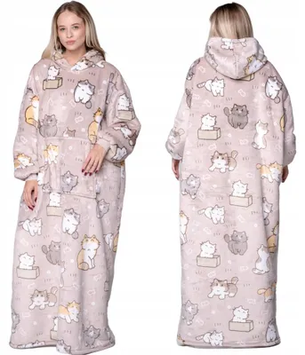 Produktbild von Langer Deckenpullover XXL - Kuscheldecke mit Ärmeln - Fleece Katzen Bodenlang