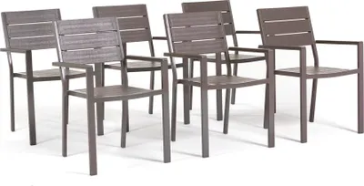 Immagine prodotto di set di 6 sedie da giardino in acciaio laccato e polietilene in look legno - design moderno, impilabile e robusto per giardini, terrazze, bar e ristoranti - Adele - Dove
