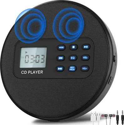 Obrázek produktu pro ZELURXX Přenosný CD přehrávač s duálními reproduktory, MP3, LCD displejem, sluchátky, USB, přenosným hudebním přehrávačem, RCA, 5 V, pro Amazon, černý