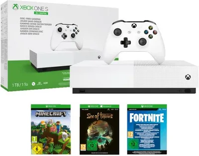 A collage featuring an Xbox One S All Digital Edition console, a controller, and three game cases (Minecraft, Sea of Thieves, Fortnite).