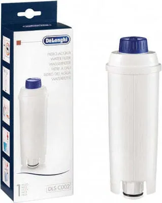 A product shot of a DeLonghi water filter and its packaging.