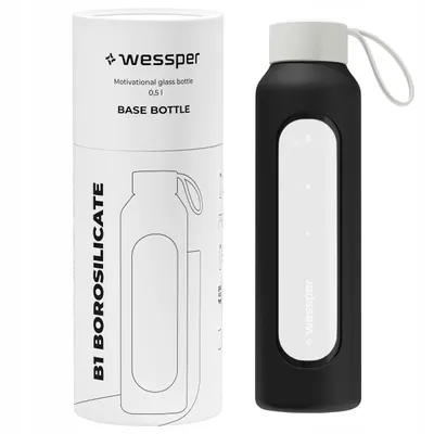 Image de Bouteille en verre Wessper avec housse en silicone – 0,5 L – avec repères horaires – Noir