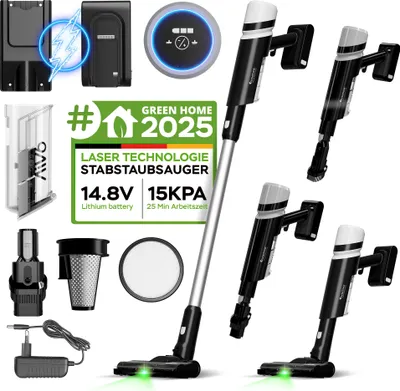 Obrázek produktu pro TurboTronic AIV6 aku vysavač 2v1, tyčový a ruční vysavač, 120 W, 15 kPa sací výkon, zelené laserové světlo, bezsáčkový, lehký podlahový vysavač