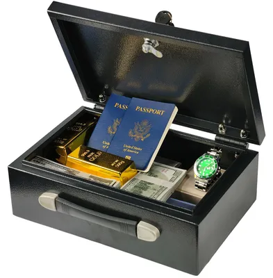 Produktbild von Abschließbare Box mit Griff für den Heimgebrauch, sichere Aufbewahrung von Bargeld, Schmuck und A4-Dokumenten, schwarz (33 x 22 x 12 cm)