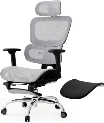 Produktbild von Bürostuhl Ergonomischer Bürostuhl mit Fußstütze und abnehmbarem Kissen, höhenverstellbarer Vollnetzstuhl mit 135° Rückenlehne, Kopfstütze und Armlehne