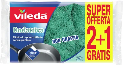 Product packaging for Vileda cleaning sponges, featuring promotional text and an image of the product.