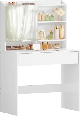 Productafbeelding van Kaptafel met spiegel en lade - Make-uptafel - Verstelbare planken - Spaanplaat - Wit