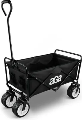 A black folding wagon with white wheels is shown against a white background.