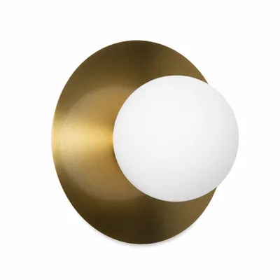 Image de Applique murale E27 avec globe en verre opale de Ø 13,5 cm et plaque en métal de Ø 25 cm, lampe murale dorée pour intérieur