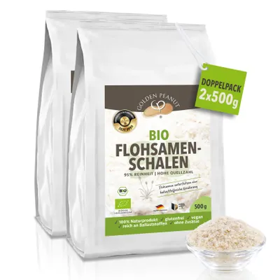 Produktbild von GOLDEN PEANUT Flohsamenschalen Bio 2x500 g, 95% Reinheit, Indien,  ballaststoffreich, glutenfrei vegan, Naturprodukt