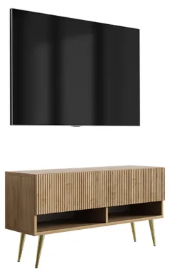 Image de Meuble TV avec façade rainurée, chêne Craft, pieds inclinés dorés, 100 × 32 × 52 cm