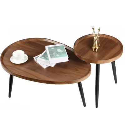 Produktbild von FATIVO Satztisch 2er Set Holz: Stabil Braun Holz Beistelltisch Set - Vintage Couchtisch Wohnzimmertisch Sofatisch mit Metallbeine(40×40cm&55×80cm)