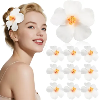 Image de Fleurs de hibiscus artificielles - 10 pièces - Décoration pour fêtes et projets de bricolage - Blanc