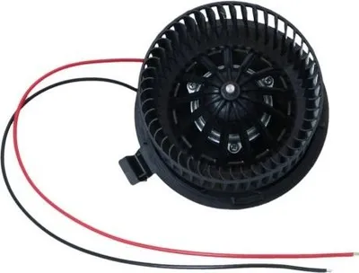 A black blower fan with red and black wires attached, isolated on a white background.
