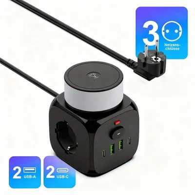 Immagine prodotto di Ciabatta multipresa a 3 prese, con 4 porte USB, con spina piatta, interruttore, prese e connettori, colore nero