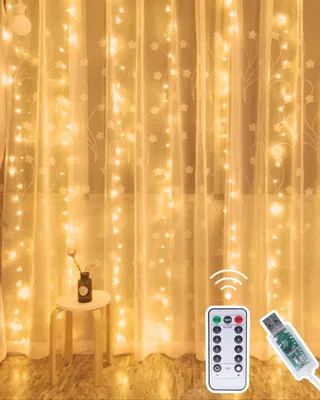 LED-Vorhanglichter, 300 LEDs, 3 m, Warmweiß, für drinnen & draußen
