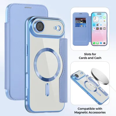Image de Étui pour iPhone Air compatible avec MagSafe, étui transparent avec porte-cartes, étui en cuir avec protection pour l'appareil photo, bleu clair