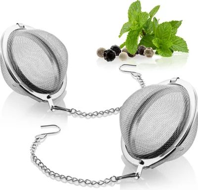 Produktbild von com-four® 2x Teesieb aus rostfreiem Edelstahl 304 - Teeei für losen Tee, Kräuter und Gewürze - feinmaschiger Teefilter mit Kette - Gewürzsieb - Kräutersieb