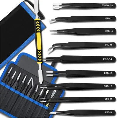 A set of precision tweezers and tools laid out on a white background, with a black carrying case.