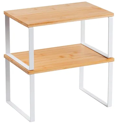 Immagine prodotto di Organizzatore per armadietti da cucina, scaffale a 2 livelli, impilabile, in bambù e metallo, portaoggetti per spezie, salvaspazio