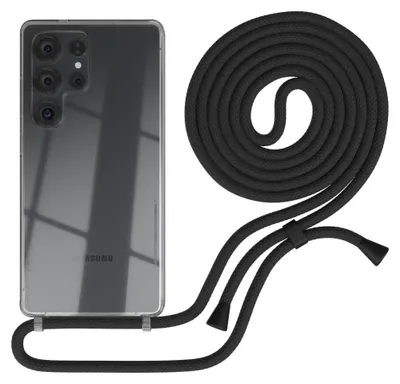 A smartphone with a clear case and a black lanyard is displayed against a white background.