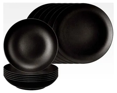 Produktbild von Tafelservice Liberty Velvet Black, 12-teilig, runde Speiseteller (28 cm) und Suppenteller (21 cm) für 6 Personen, Geschirr-Set mit mattem Finish, Porzellan, Schwarz