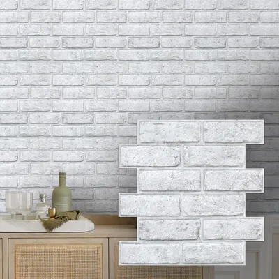 Image de Panneau mural 3D effet brique autocollant - 30 x 30 cm - 10 pièces - Blanc - Autocollant pour décoration murale intérieure