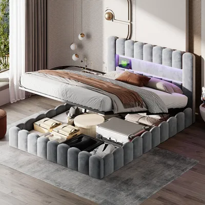 Produktbild von CDGlobal Polsterbett Doppelbett 180x200cm, LED Jugendbett Hydraulisch Stauraumbett Funktionsbett Bettgestell mit Stauraum & Lattenrost, Kopfteil mit USB  Ladefunktion , Staufach, Leinen, Grau
