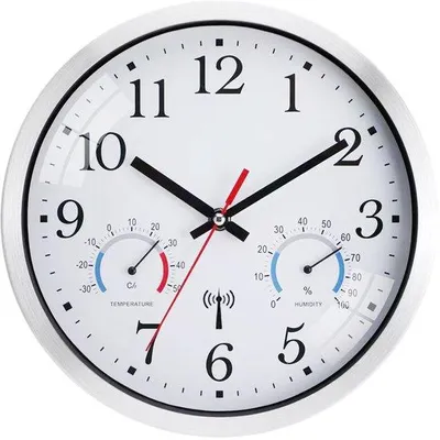 Image de Horloge radio-pilotée murale moderne avec affichage de la température et de l'humidité, blanche