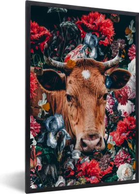 Produktbild von MuchoWow® MuchoWow® Gerahmtes Poster Kühe - Blumen - Tier - Porträt 20x30 cm - Poster mit zchwarzem Bilderrahmen - Drucken - Bilder Poster im Rahmen