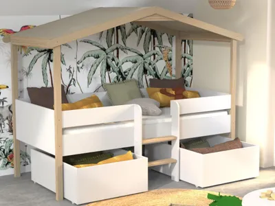 Produktbild von Kabinenbett Kinder PILOTI 90x190 Feder + 2 Schubladen Weiß und Natürlich - Weber Industrie