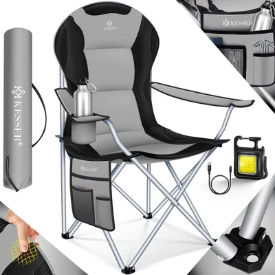 Produktbild von KESSER® Campingstuhl faltbar bis 150 kg Angelstuhl Faltstuhl Klappstuhl Gepolstert mit Armlehnen, Campinglicht und Getränkehalter + Tasche mit hoher Rückenlehne, Strandstuhl, Klapphocker