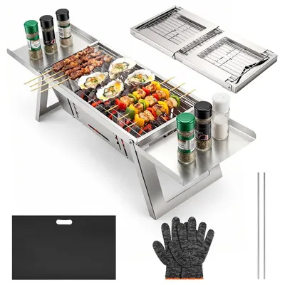 Produktbild von Holzkohlegrill Mini-Grill Tischgrill - Klappbar - 4 Hitzestufen - Kompakt - Ausgeklappt 71,2 x 16,3 x 20,5 cm