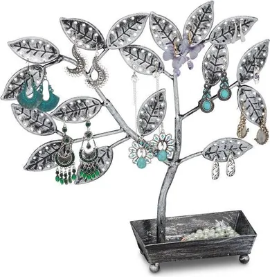 Produktbild von Vintage Schmuckbaum Baumdesign aus Metall mit Schale, Uhrenfach und 136 Fächern