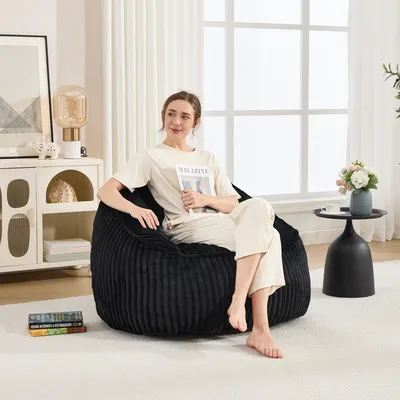 Produktbild von okwish Sitzsack mit geschwungener Rückenlehne,Sitzsack-Sofa,Lounge-Sessel mit Memory-Schaumstofffüllung,Streifenstruktur,Schwarz