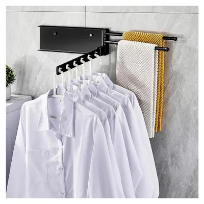 Produktbild von Kleiderhaken Wand, Kleiderhaken Klappbar, Stabilisieren Wand Kleiderständer Klappbar, Aluminum Kleiderlüfter Wandhaken Klappbar, 180°Drehbare Kleiderhaken für Balkon Waschküche Badezimmer (Schwarz)