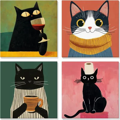 Productafbeelding van 4 stuks katten schilderen op nummer volwassenen, schattige dieren, doe-het-zelf handgeschilderd olieverfschilderij kit met lijst, verf op nummer
