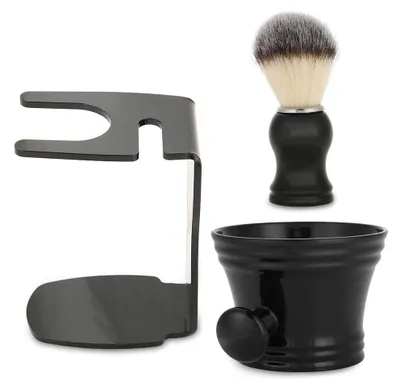 Imagen del producto de Kit de cuidado para la barba 3 en 1, que incluye un cepillo de afeitado, un soporte para cepillos y jabón de afeitar, fabricado en madera y plástico, de color , ideal para