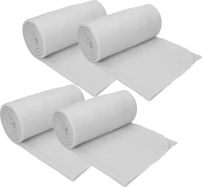 Four rolled-up fleece blankets are displayed diagonally on a white background.