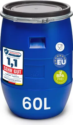 A blue 60-liter plastic barrel with various labels and certifications.