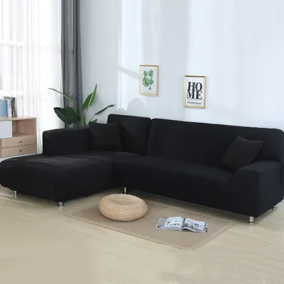Produktbild von Sofa Überwürfe 2 teilig 3 Sitzer + 4 Sitzer, Elastisch Stretch Sofabezug L Form 2er Set mit 2 Stück Kissenbezug Sofabezüge Sofa Überzug Couch Bezug Sofaüberwurf L Form Sofa Abdeckung (Schwarz,L Form 3 Sitzer + 4 Sitzer)