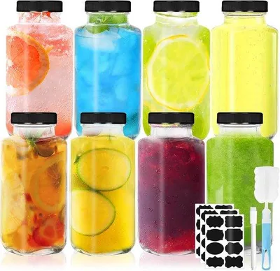 Produktbild von Famanu Set von 8 Glasflaschen 250 ml mit Deckel, Bürste und Etiketten – Transparent