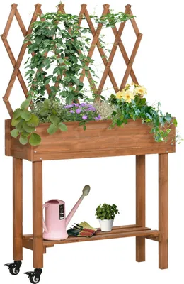 Imagen del producto de Cama elevada con enrejado para plantas trepadoras, maceta con ruedas y estante, madera maciza, para terraza, color marrón, 79x29x130 cm