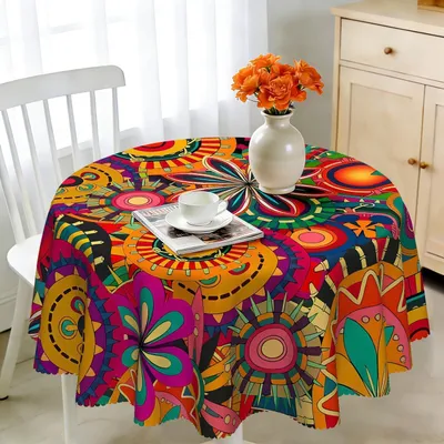 Zdjęcie produktu dla Obrus okrągły, średnica 120 cm, odporny na warunki atmosferyczne, łatwy do czyszczenia, wykonany z poliestru, wzór boho, mandala, do użytku na zewnątrz