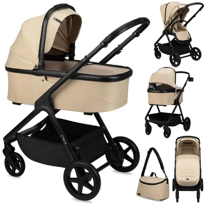 A collage of images showing a beige and black 2-in-1 convertible stroller in various configurations, including a bassinet and a seat, along with a matching diaper bag.