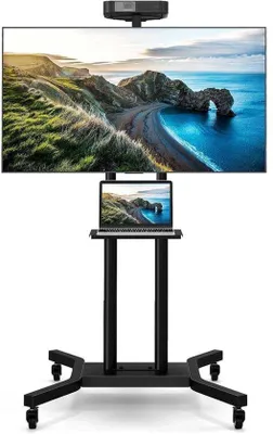 Immagine prodotto di Supporto TV mobile con ruote, regolabile in altezza, dotato di ripiano per dispositivi AV, adatto per schermi da 32 a 70 pollici, colore nero