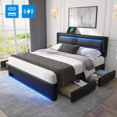Produktbild von Polsterbett 140 x 190 mit USB unterstützt kabelloses+kabelgebundenes Laden, LED-Beleuchtung und vier Stauraumschubladen, ohne Matratze, PolyurethanSchwarz